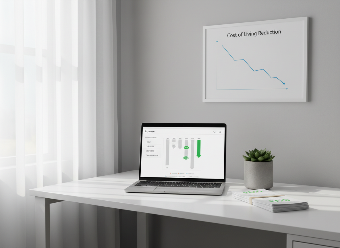 A minimalist home office corner featuring a sleek white desk with a matte finish, a slim laptop displaying a clear dashboard of falling expense categories, and neatly stacked bills stamped with a bold green "PAID" mark. Beside them sits a small potted plant in a textured concrete pot, symbolizing growth and sustainability. Natural daylight from the left filters through sheer curtains, casting soft, linear shadows across the desk surface. Shot from a slightly elevated angle, the background wall is a smooth, light gray with a single framed chart showing a descending cost curve. The photographic realism style and balanced composition create a calm, competent, and empowering atmosphere around managing and lowering the cost of living.