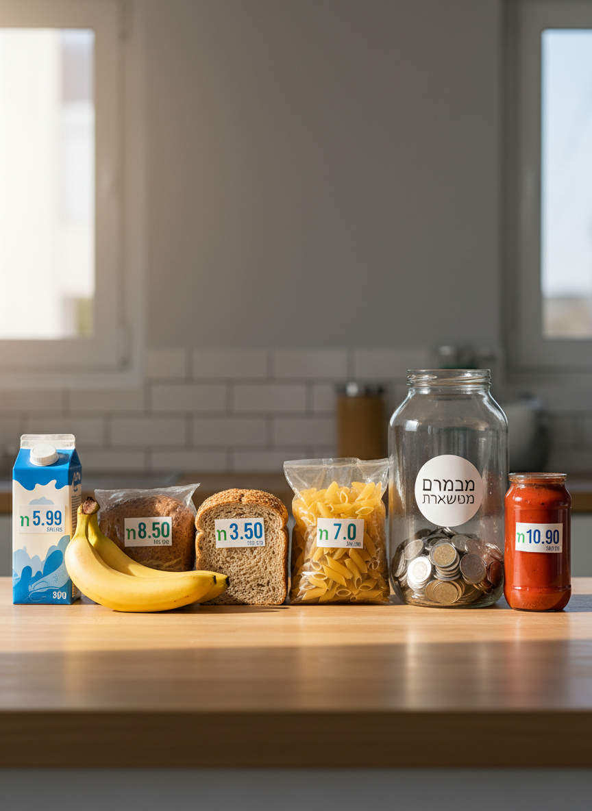 A neat row of everyday grocery products arranged on a light wooden countertop, each item marked with a small, clear price tag showing visibly reduced prices in bold blue and green numbers. Behind them, a large transparent glass jar slowly filling with assorted coins stands as a focal point, labeled with a minimalist sticker reading "חיים בכבוד" in simple Hebrew typography. Soft overcast daylight from the side highlights the labels and transparent packaging, creating gentle reflections and subtle shadows. The background is a clean, slightly blurred kitchen-style setting in neutral colors, with sharp focus on the products and jar. The composition follows the rule of thirds, conveying hope, practicality, and financial relief through photographic realism.