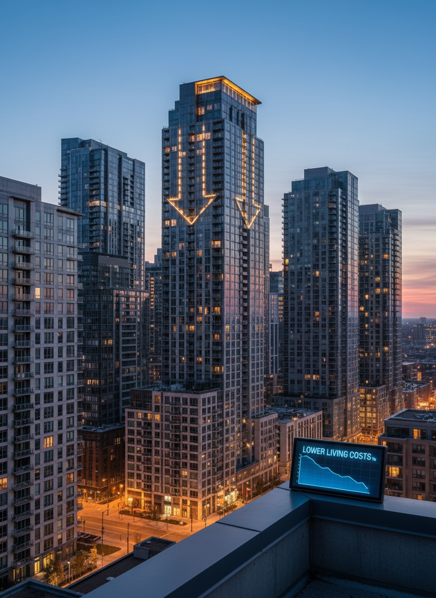 A modern city skyline of dense apartment buildings viewed from a slightly elevated rooftop, with one central building highlighted by warm, energy-efficient LED window lights forming the shape of a downward arrow. On a nearby ledge, a small digital display with a clean black frame shows a decreasing line graph symbolizing lower living costs. The sky is in soft early evening blue, with the last traces of daylight creating a calm gradient. Streetlights below emit a gentle, warm glow without visible people or cars. The composition uses wide-angle photographic realism, with strong depth and crisp details, creating a professional, optimistic mood about more affordable urban living.