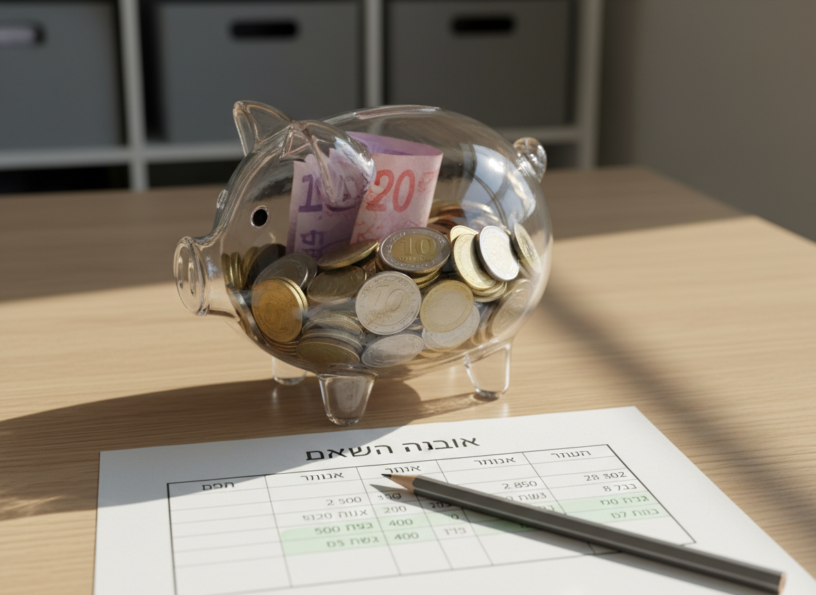 A close-up view of a transparent glass piggy bank resting on a smooth, light oak tabletop, filled halfway with neatly sorted coins and a few crisp folded banknotes. In front of it lies a printed monthly budget sheet in Hebrew with clear categories for housing, food, and transportation, each line showing reduced totals highlighted in soft green. A slim graphite pencil rests diagonally across the paper. Gentle morning daylight enters from the right, creating bright highlights on the glass curves and soft, elongated shadows. The background is softly blurred, with only the hint of orderly shelves and storage boxes, emphasizing organization and financial control. The photographic realism and tight composition project responsibility, clarity, and dignity in everyday budgeting.